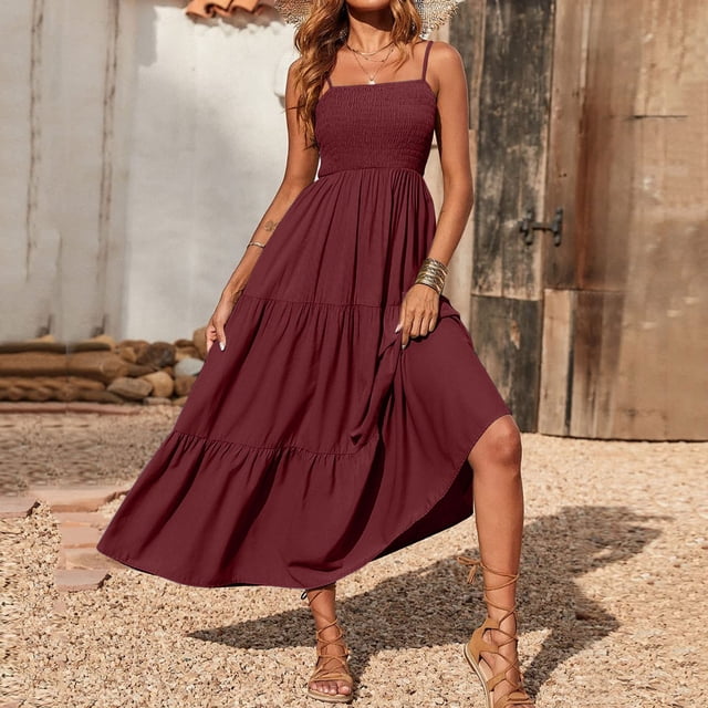 EGNMCR Robe Maxi d'Été pour Femme Grande Taille Décontractée Bohème Sans Manches à Taille Élastique à Volants Évasée en A Longue Robe de Plage Soleil Robes