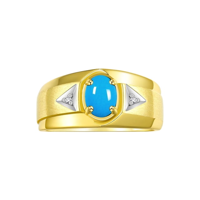 RYLOS Men's Rings 14K Yellow Gold Classic 7X5MM Oval Gemstone & Diamond Ring Turquoise December Birthstone Rings For Men, Gold Rings Size 10