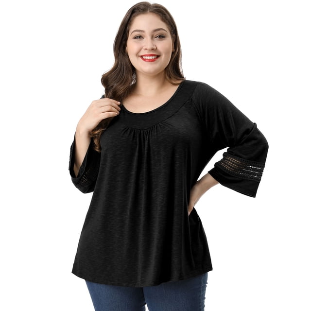 GRACE & GRANDEUR Hauts Décontractés Unis à Manches Raglan pour Femmes Grande Taille Noir 2X