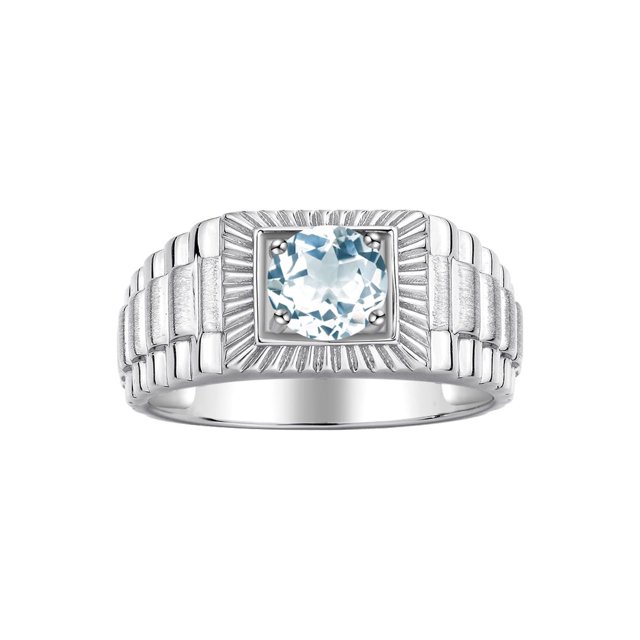 RYLOS Men's Ring 14K White Gold Ring, 7MM Round Shape Gemstone Designer Style Rings Aquamarine March Birthstone Rings Gold Size 13