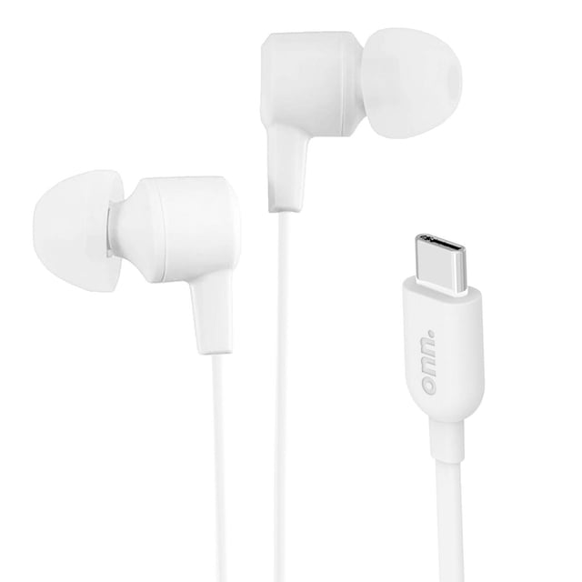 onn. Wired In-Ear Earphones with USB-C Connector and tangle-free cords in white, featuring angled earbuds with soft silicone tips, built-in microphone, and a USB-C plug with the onn. logo, ideal for wired earbuds use and hands-free calling.