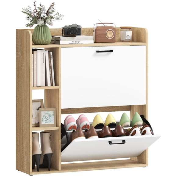HOMCOM Armoire à Chaussures avec 2 Tiroirs Basculants, Armoire de Rangement pour Chaussures, Naturel
