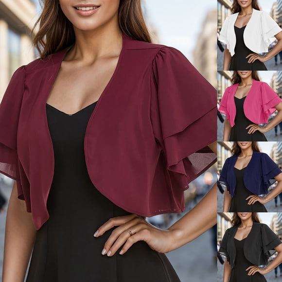 Meichang Women Short Sleeve Shrug Cropped Bolero Open Front Chiffon Cardigan Lightweight Sheer Bolero Shrug for Evening Dress