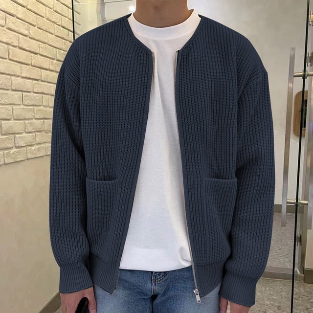 RXIRUCGD Cardigan à Col Rond pour Homme en Tricot Uni en Velours Paon, Coupe Décontractée, Chandail à Fermeture Éclair, Bleu Foncé, Taille : L
