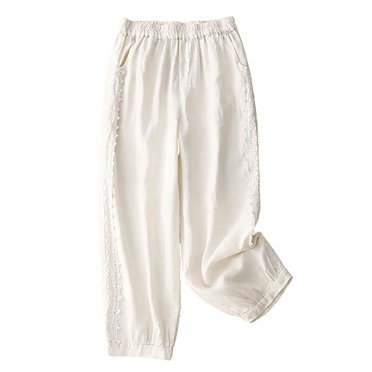 FAIWAD Women's Cotton Linen Pants Elastic High Waisted Lace Patchwork Comfy Loose Summer Pants with Pockets