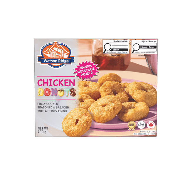 Watson Ridge - Chicken Donuts fully cooked, seasoned and breaded chicken shaped like donuts with a crispy finish on a purple plate, featuring cinnamon maple glaze included, offering a savory and sweet combination ideal for meal replacement, 700 g frozen chicken product