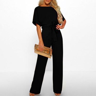 Babysbule Jumpsuit for Women Clearance Women Short Sleeve Playsuit Clubwear Straight Leg Jumpsuit With Belt