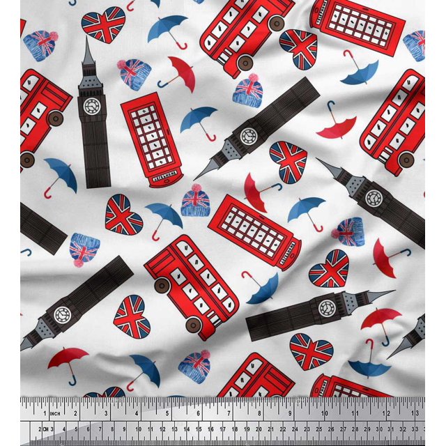 Soimoi Rayon Crepe Fabric Bus,Telephone Booth & London Clock Tower Architectural Print Fabric by Yard 46 Inch Wide