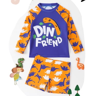 Toddler Swimsuit Boy Funny Cartoon Printed Long Sleeve Toddler Bathing Suit Boy 2 Piece Boys Swim Set Baby Boy Summer Clothes 3-4T Boys Clothes