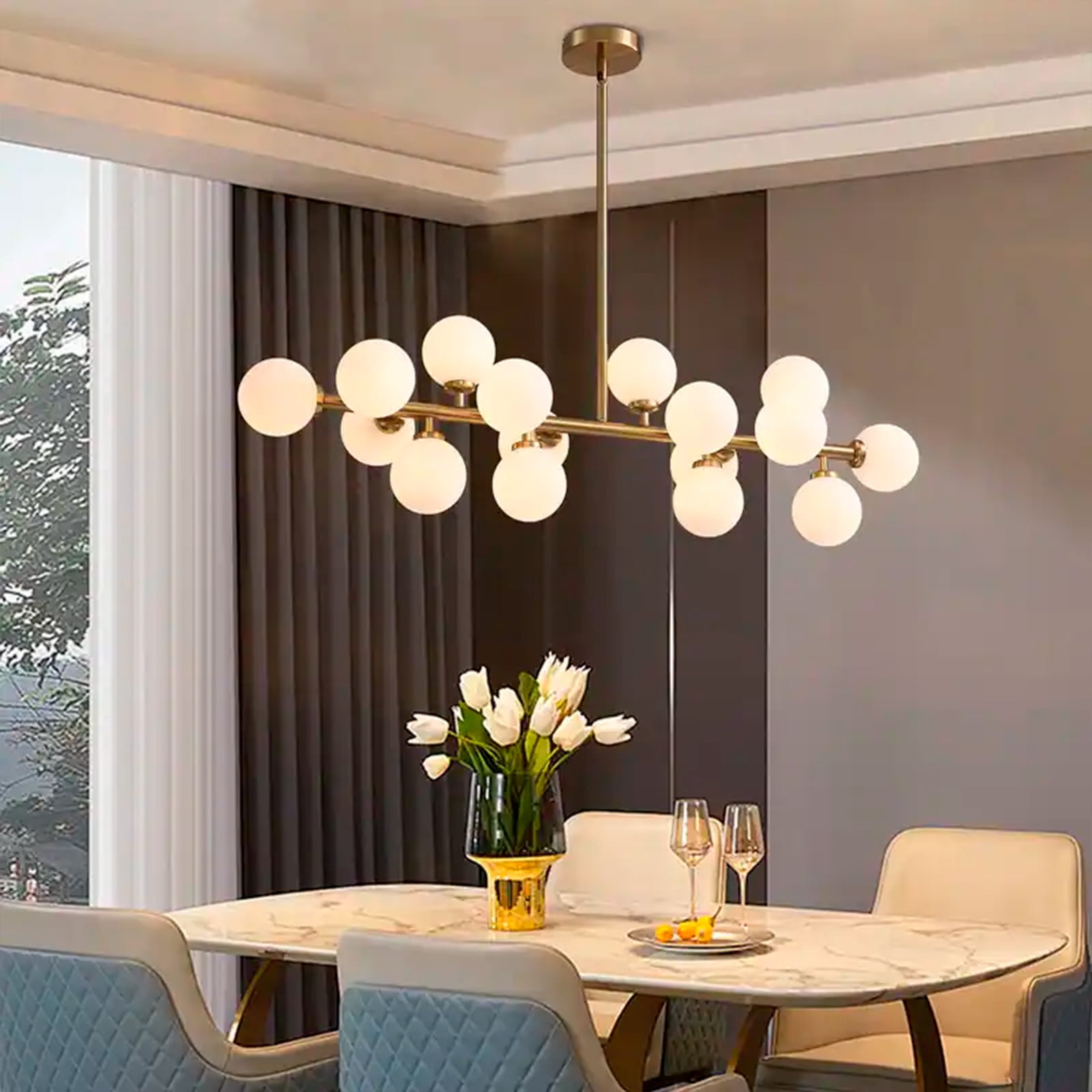 Heavenly Collections | Lustre Linéaire Moderne Multi-Lumières (16 lumières) - Suspension Or Brossé Style Mid-Century - Plafonnier Contemporain avec Sphères en Verre Opale