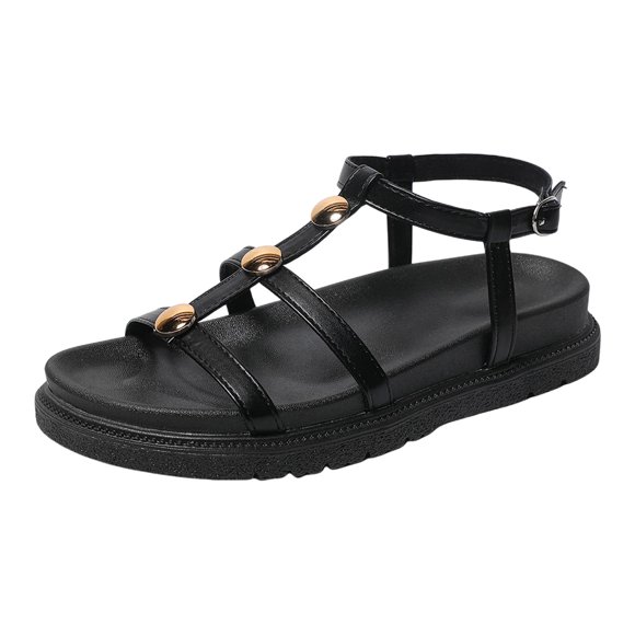 Sandales Plates à Brides pour Femmes en Similicuir à Bout Ouvert, Mules avec Bride de Cheville Ajustable, Amorties, Légères, à Enfiler, Chaussures d'Été Noires Taille 8,5