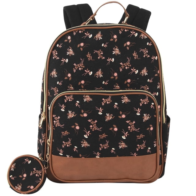 Madison & Dakota 2 Piece Multi-Pocket Backpack with Laptop Electronics Pocket and Removable Keychain Coin Pouch in black with pink and brown floral print, gold-tone zippers, vegan leather trim, padded adjustable shoulder straps, front zippered pocket, side slip pockets, large main compartment, and attached round zippered coin purse, suitable for work, gym, or travel.