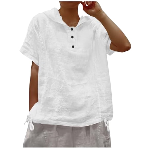 YWIYIUD Cotton Linen Tops for Women Button Down Drawstring Short Sleeve Casual Shirts Breathable Solid Color Loose Women Summer Blouses Casual Dressy Tunic Top Suitable for Indoor and Outdoor Wear S