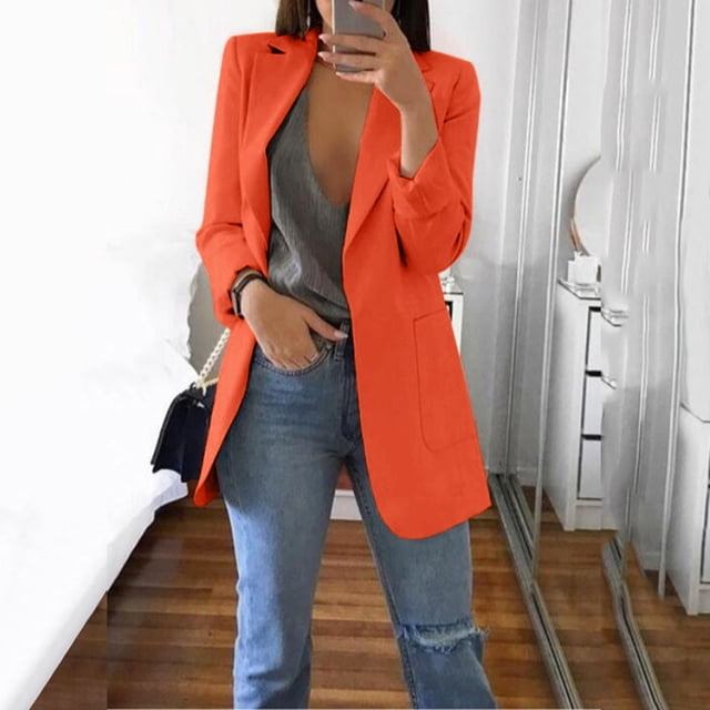 Meichang Womens Casual Blazers Jackets Solid Color Long Sleeve Open Front Work Office Blazers Slim Fit Lapel Jackets with Pockets Cardigans Plus Size Orange L