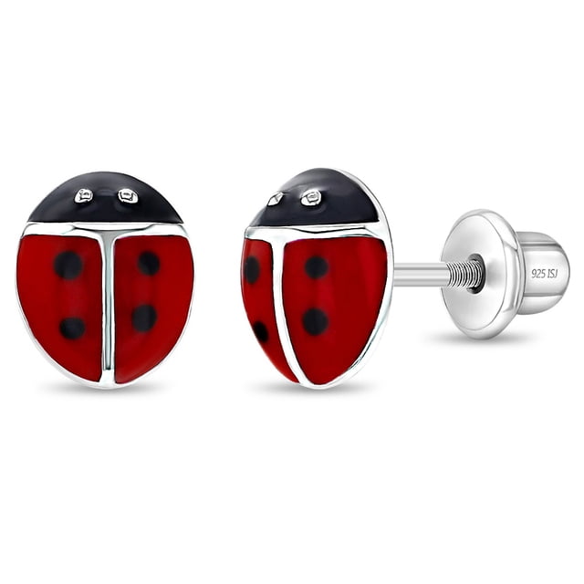 Ladybug Baby / Toddler / Kids Earrings Screw Back Enamel - Sterling Silver. These kids jewellery pieces feature hand-painted red and black ladybug designs crafted in 925 sterling silver, ensuring hypoallergenic safety for sensitive ears. The threaded posts and screw-back system provide secure and comfortable wear for toddlers and little girls. Earrings measure 5mm wide by 7mm high with a 9mm threaded post. Includes a gift box for easy gifting.