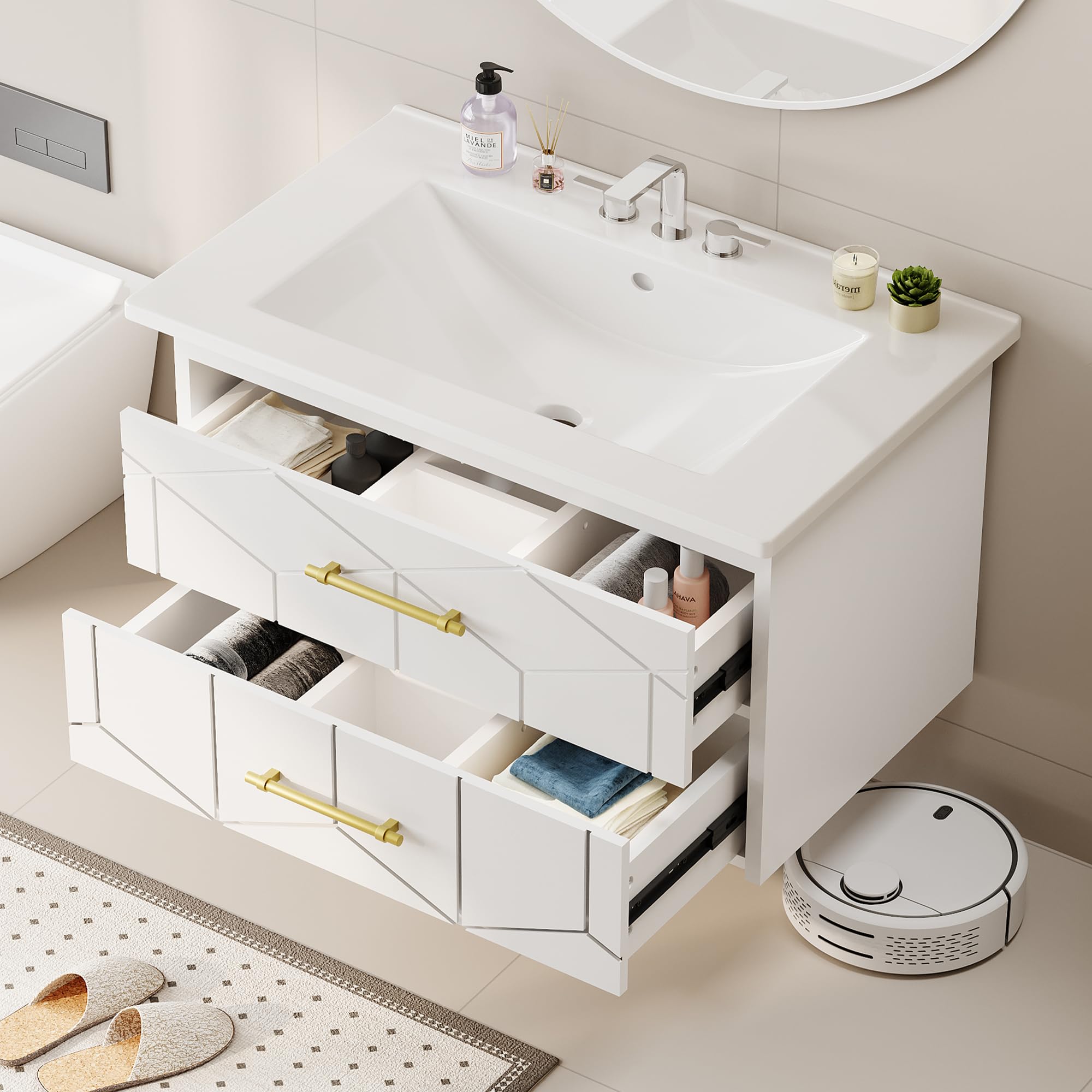 24 inch Bathroom Vanity with Sink Combo, Floating Bathroom Vanity with Ceramic Basin, 2 Large Drawers with Gold Handle, Soft-Close Design, Easy Assembly, White