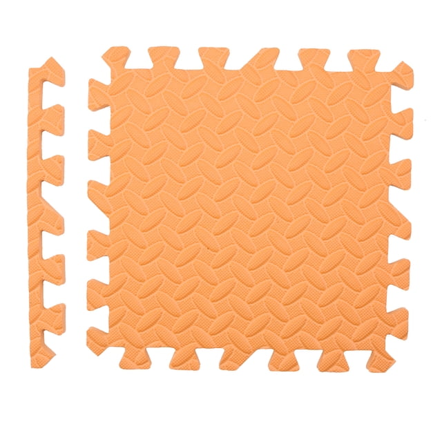 12pcs EVA Foam Mat Interlocking Foam Tiles Playground Flooring Puzzle in orange color. The image shows a single foam tile with a textured surface and interlocking edges, along with a matching finishing border piece. Made of durable, non-toxic EVA foam, these tiles provide cushioning and comfort, ideal for living rooms, bedrooms, gyms, or as a soft surface for toddlers. Each tile measures 30 x 30 x 1.2 cm and is waterproof and easy to clean.