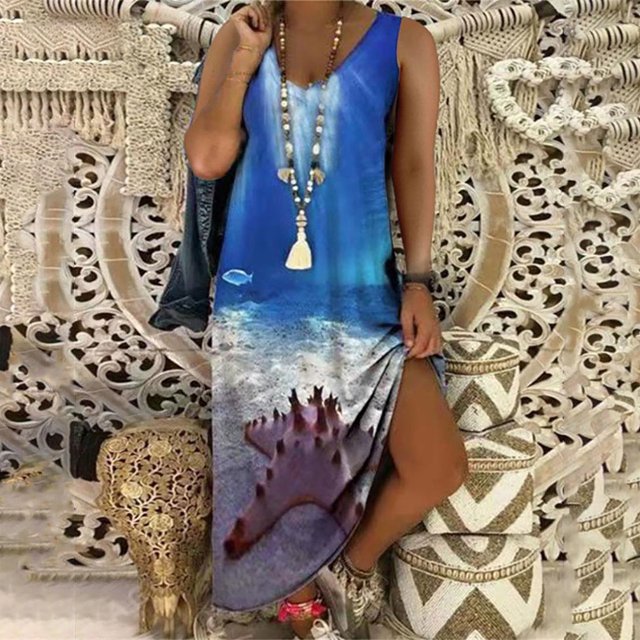 Lenago Robes de Printemps Grande Taille pour Femmes 2023 Femmes Décontracté Grande Taille Imprimé Col en V Poches Sans Manches Maxi Longue Robe Robes d'Été de Plage en Liquidation