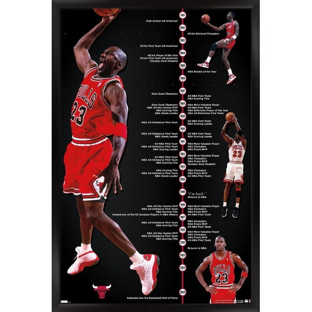 Michael Jordan - Timeline Wall Poster, 22.375" x 34" framed, displaying a black background with a vertical timeline of Michael Jordan's basketball career highlights from 1981 to 2009. The poster includes images of Jordan in his Chicago Bulls red number 23 jersey performing dunks and shots. Key milestones such as NCAA National Champion, NBA Rookie of the Year, multiple MVP awards, NBA Championships, and Hall of Fame induction are detailed along the timeline. This Trends International framed poster features a clean, modern design with a premium satin finish and a sawtooth hanger for easy wall mounting, suitable for home or office decor.