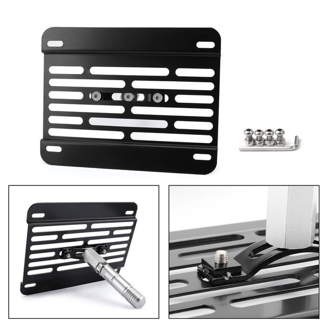 New Bumper Tow Hook License Plate Mount Bracket for BMW F30 F32 F10 3/4/5 Series. The black metal bracket features a slotted design for easy plate mounting and includes a screw-in tow hook adapter with angle adjustment for curved bumpers. The package includes mounting hardware and an L-shaped tool for installation.