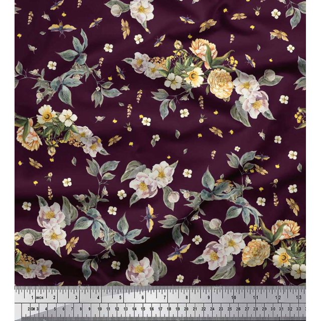 Soimoi Cotton Cambric Fabric Leaves,Moth & Magnolia Floral Printed Fabric 1 Yard 56 Inch Wide