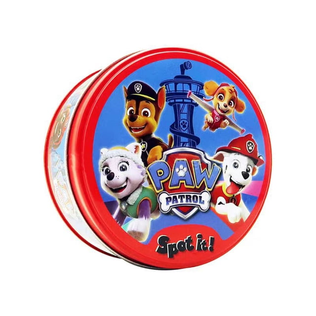 Spot It Playing Card Game with metal box featuring Paw Patrol characters on the lid. The compact round box has vibrant red edges and a colourful design showcasing cartoon characters and a tower. Ideal for family card game nights and suitable for kids aged 6 years and older. Made of high-quality paper with smooth edges and clear printing.