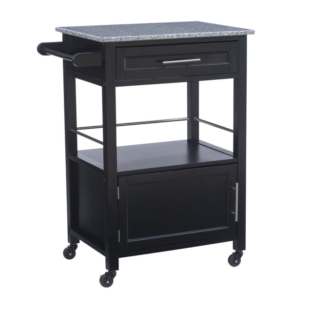 Chariot de Cuisine Noir Cliff avec Cadre en Bois Massif Noir, Dessus en Granit Gris Sécuritaire pour les Aliments, un Tiroir avec Poignée Argentée, Tablette Centrale Ouverte avec Rambarde en Métal, Armoire Inférieure Fermée, Barre à Serviettes Latérale et Quatre Roues Pivotantes avec Deux Loquets pour une Mobilité Facile et le Rangement de la Cuisine.