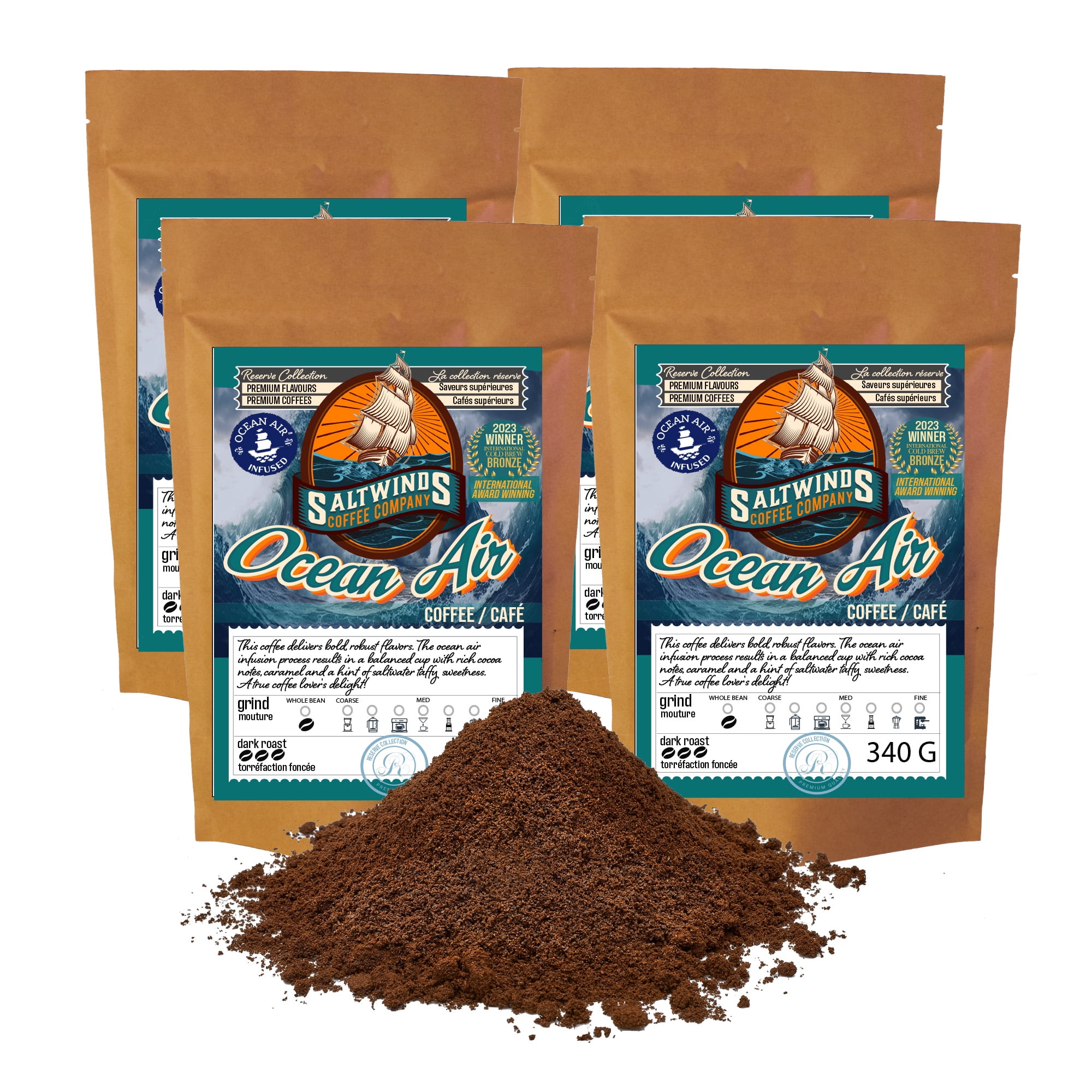 Ocean Air Medium Dark Roast Coffee Bundle (4x340 g Ground) | Ocean Air Infused | Canadian- Roasted Unflavoured Coffee Bundle
