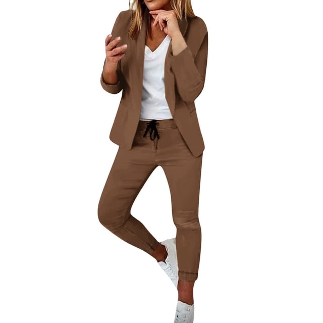 Womens Business Work Suit Set Long Sleeve Open Front Blazer with Slim Fit Suit Pants Basic Work Office Formal Suit Sets