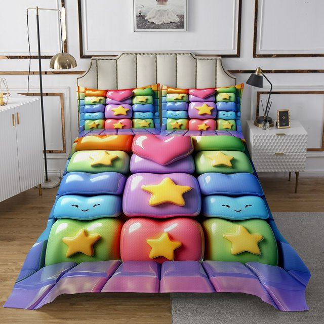 Erosebridal 3D Stars Coverlet Set Twin, Cute Rainbow Buffalo Bedding Set, Princess Room Decor 2pcs