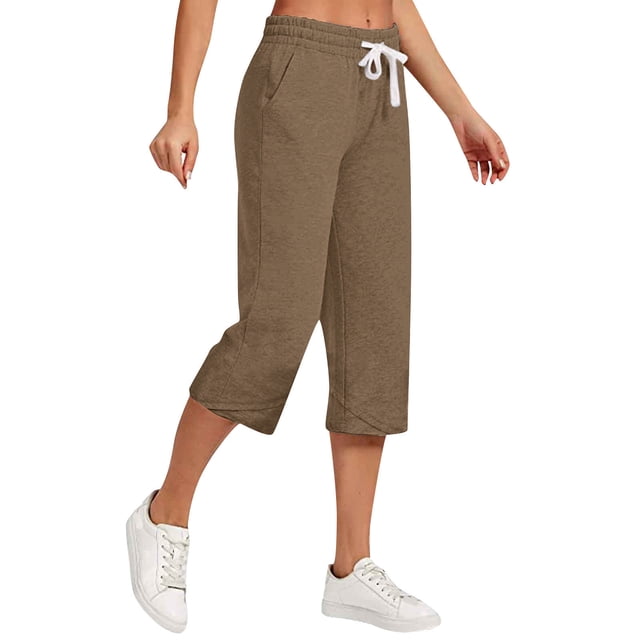 Jsaierl Women's Cotton Linen Elastic Drawstring Waist Capris, Solid