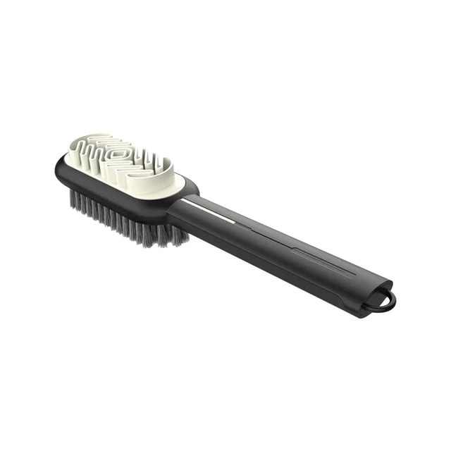 Agiferg Shoe Brush Labor-saving Hanging Hole Portable 2-Sided Leather Shoe Boot Cleaning Brush Daily Use. Designed for shoe care, it features soft, dense bristles on one side and textured grooves on the other for effective cleaning without scratching surfaces. Made of durable ABS material with an ergonomic, non-slip handle and a hanging hole for easy storage. Measures approximately 19cm x 4cm x 3.6cm. Suitable for cleaning leather shoes, boots, and other footwear materials.