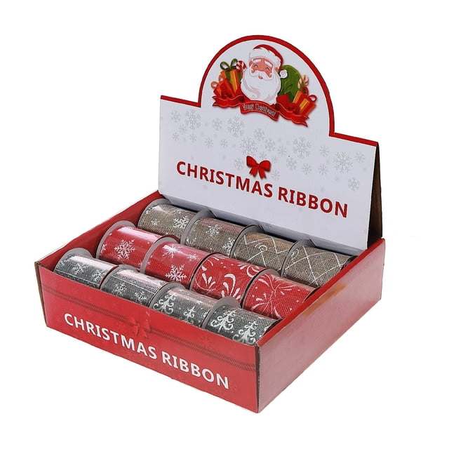 Assorted White Pattern Burlap Ribbon (2.5" X 3 Y) set of 12 rolls in a red and white display box labeled Christmas Ribbon, featuring festive snowflake and swirl patterns on burlap and red polyester with wired edges for shaping bows, ideal for holiday gift wrapping, wreaths, and crafts.