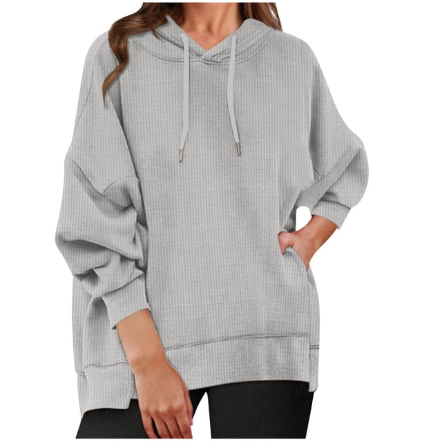Pisexur Womens Hoodies Solid Color Hooded Sweatshirt Casual Drawstring Oversized Hoodie Fashion Loose Ribbed Fall Tops Pullover Tops with Pocket