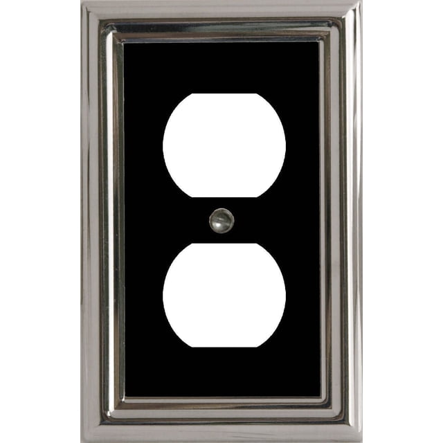 Atron Electro Industries Estate Noir sur Chrome Plaque Murale Duplex avec un Cadre Rectangulaire Chromé et Centre Noir avec Deux Ouvertures de Sortie Verticales et une Vis de Montage Centrale, Idéal pour la Finition de Prise Électrique Décorative et une installation Facile.