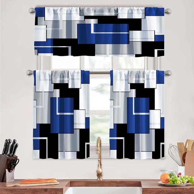 Navy Blue Kitchen Curtains Tiers and Valances Set 3 Piece for Windows Geometric Modern Art Kitchen Window Curtains Set,Grey and Black Valances for Living Room(36" Tiers Set)