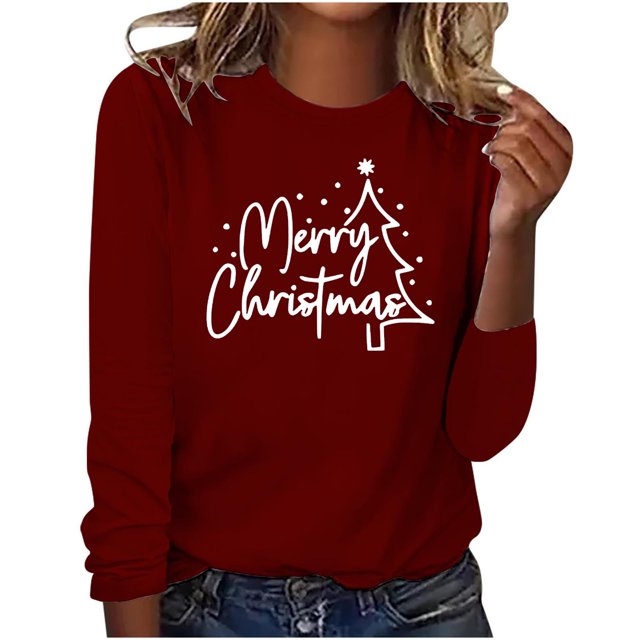 Timegard Womens Tops Merry Christmas Print Long Sleeve Crewneck Pullover Casual Loose Comfy Tops Fall