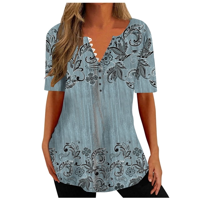 Birdeem Mode Femme Col en V Imprimé Décontracté Manches Courtes Ample Haut/chemise