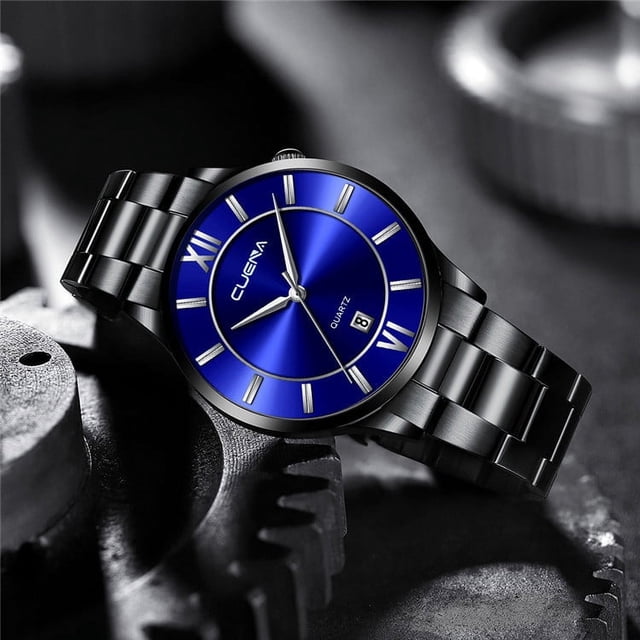 Mens Stainless Steel Chronograph Business Watch with Date Display and Durable Sport Strap Design featuring a 40mm alloy case, 10mm dial thickness, and a 20mm wide adjustable stainless steel mesh strap. The watch showcases a vibrant blue dial with Roman numeral hour markers, a precise quartz movement, and a date window at the 3 o'clock position. Designed for versatility, it offers 30M water resistance and a scratch-resistant lens, making it suitable for business meetings and casual athletic activities. Displayed against a mechanical gear background.
