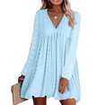 thumbnail image 2 of Robes d'Automne pour Femmes, Col en V Doux, Pois Suisses, Manches Longues, Robe Babydoll, Unie, Décontractée, Coupe Ample, Mini-Robe Évasée, 2 of 5