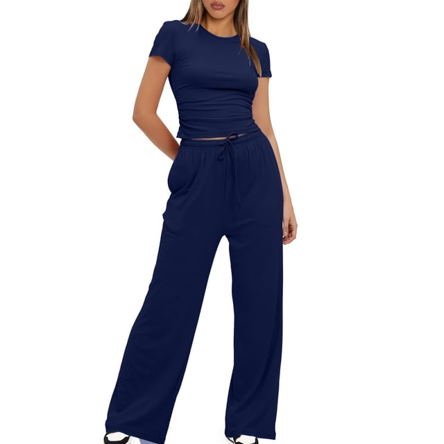Birdeem Blouses pour Femmes 2 Pcs Mode Femme Col Rond Uni Manches Courtes Blouse + Pantalons Longs Taille Élastique Ensembles