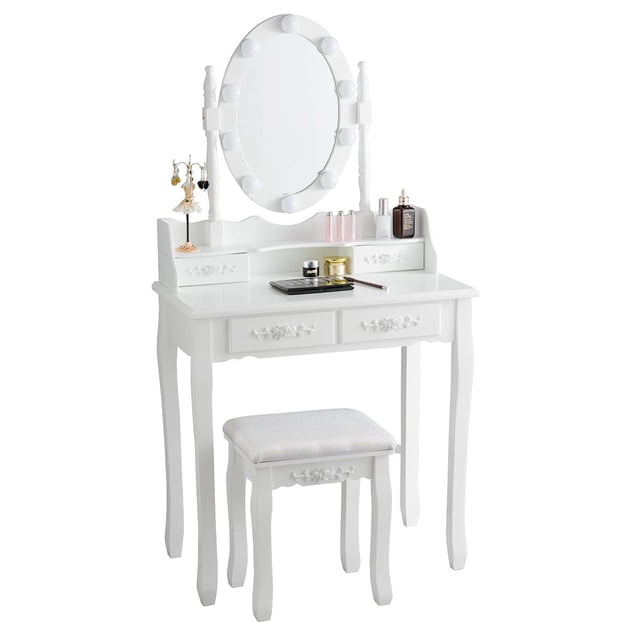 Giantex Vanity Table Set, Makeup Dressing Table w/Cushioned Stool & Lighted Mirror, White