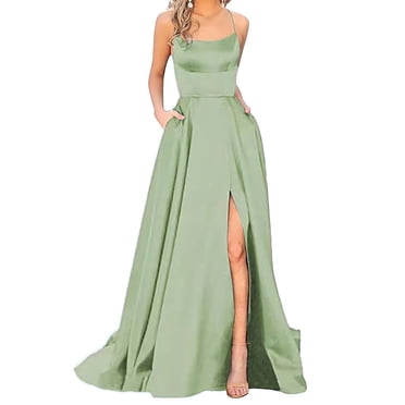 WTXUE Robe Maxi, es Dames Longue Femmes Élégante Dos Nu Longues Robes Crisn Satin Fente Latérale Mariage Fête, Robe Grande Taille, Robe de Bal, Robe avec Poches, Robe Verte, 1# Vert 3TG