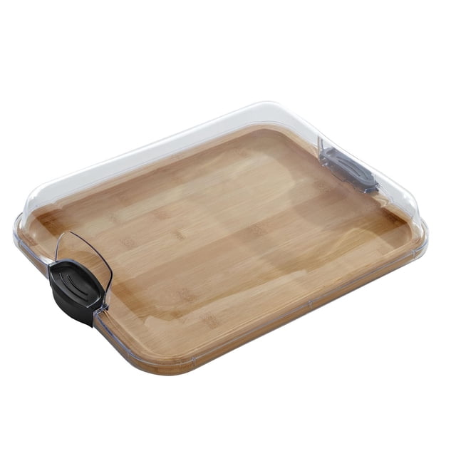 Kamenstein 11X14 Build a Board - BAMBOO w/ LID - 1 compartment, a rectangular bamboo cutting board with a clear locking lid and black side handles, designed for cutting, serving, and transporting charcuterie or snacks securely with a raised edge to hold foods in place.