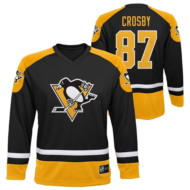 NHL Penguins, Crosby Youth Player Jersey in black and gold polyester mesh with embroidered Penguins logo on front, Crosby name and number 87 on back, V-neck collar with neck taping, white and black stripes on sleeves and hem, officially licensed NHL hockey jersey for young fans.