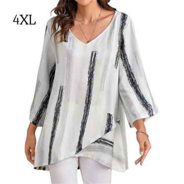 Femmes T-shirt Manches Longues Large Chemisier Top Automne V Cou Rayé Top, Blanc, 4XL