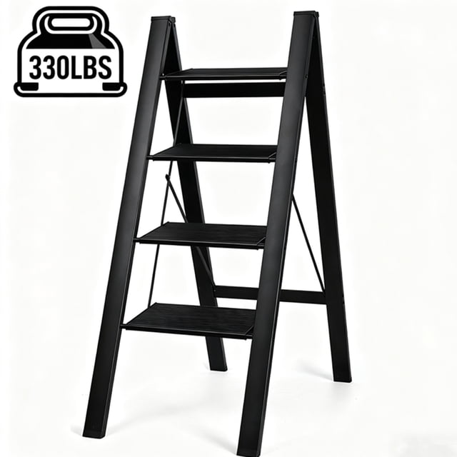 Escabeau à 4 Marches, Marchepied Marchepied Pliable en Aluminium avec une Capacité de 330 Lb. Fabriqué en Aluminium Noir avec une construction Triangulaire Robuste pour la Stabilité et la Sécurité. Comprend de Larges Pédales et un design Pliable pour un Rangement Facile et une Portabilité. Convient aux Tâches d'Amélioration de la Maison, au Jardinage Ou comme Étagère Polyvalente.