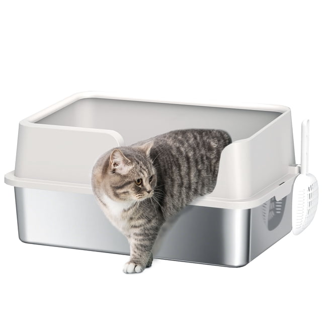 PawHut Stainless Steel Cat Litter Box, Large Enclosed Litter Box with Scoop