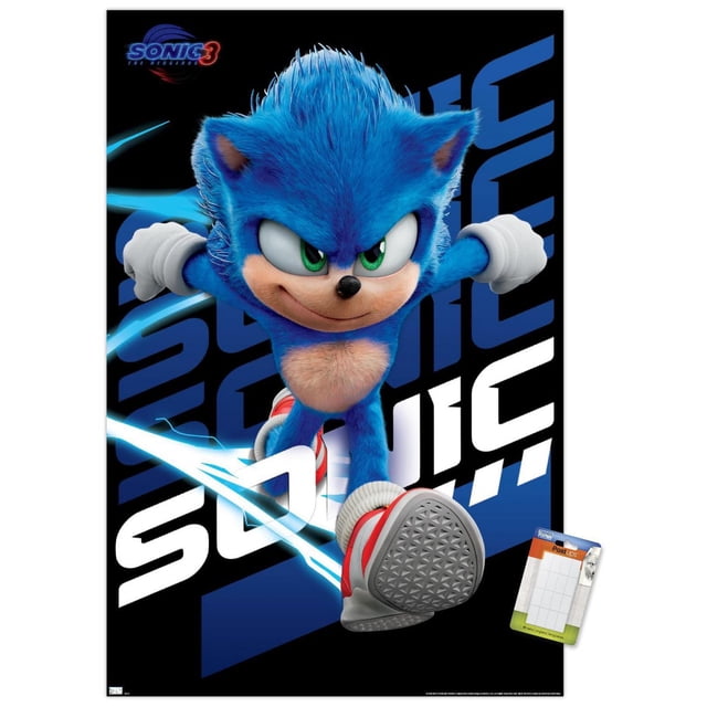 Sonic The Hedgehog 3 - Sonic Wall Poster, 22.375" x 34", showing a front-facing Sonic running with detailed blue fur, white gloves, and red shoes with textured gray soles. The black background features bold blue and white Sonic 3 logo text and blue light streaks symbolizing speed. Printed on glossy paper with adhesive mounts for easy, damage-free hanging, suitable for bedroom, office, or dorm decor.