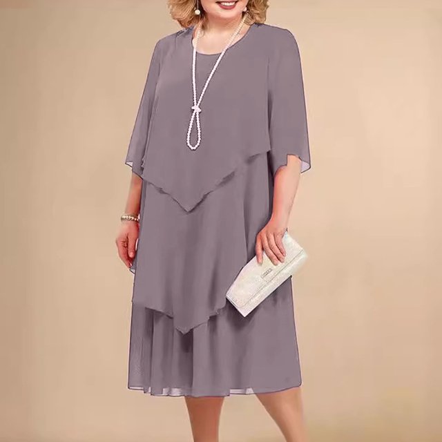 LSLJS Robe d'Été pour Femmes, Mode, Couleur Unie, Patchwork en Mousseline, Manches Mi-Longues, Col Rond, Robe d'Été, Robes de Plage